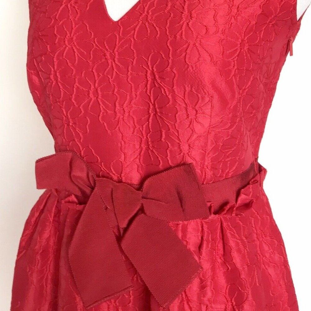 Carolina Herrera Red Bow Sleeveless Cocktail Dress 12 Ribbon Waist Floral Satin - Picture 12 of 14